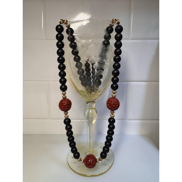 The Unbranded Brand Jewelry - VTG Matte Onyx & Carved Red Cinnabar Necklace 27" Gold Filled Beads Bail/Clasp